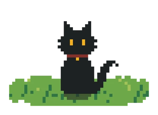 A pixel animation featuring a black cat with a waving tail sitting on grass.